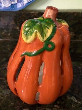 VTG 90s Home Interiors Glazed Pumpkin Ceramic Tea Light Candle Holder 5.5" NWOB